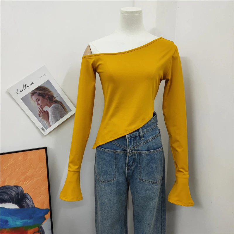 法式复古高级感斜肩不规则高腰短款T恤紧身性感辣妹绝美小衫上衣