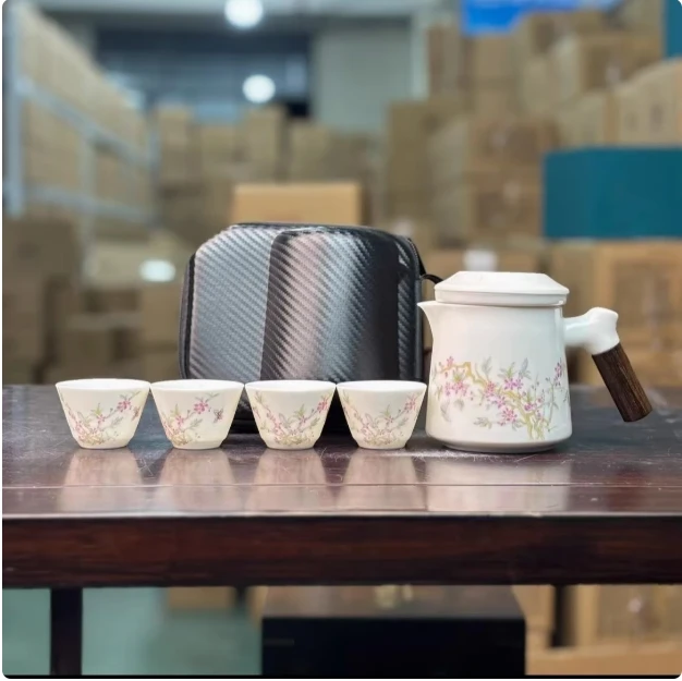 KK0651-紫藤花木柄旅行茶具一壶四杯带包