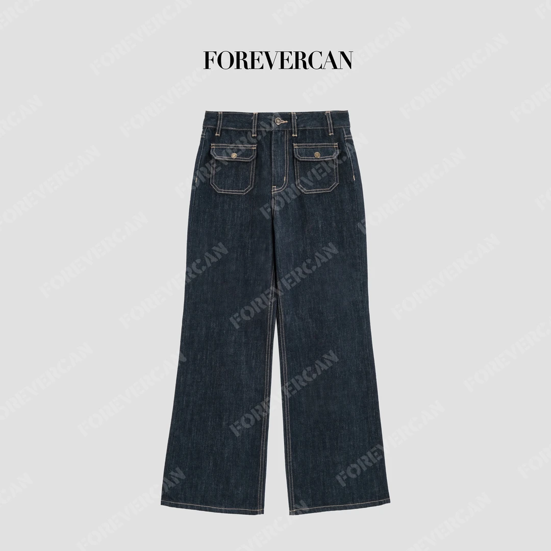 FOREVERCAN“塑形丹宁”修身翻盖贴袋微喇牛仔裤长裤WP30688