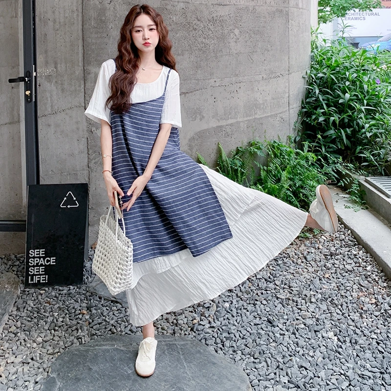 一整套ootd穿搭减龄爆款高级感巨好看夏日绝美条纹吊带连衣裙套装