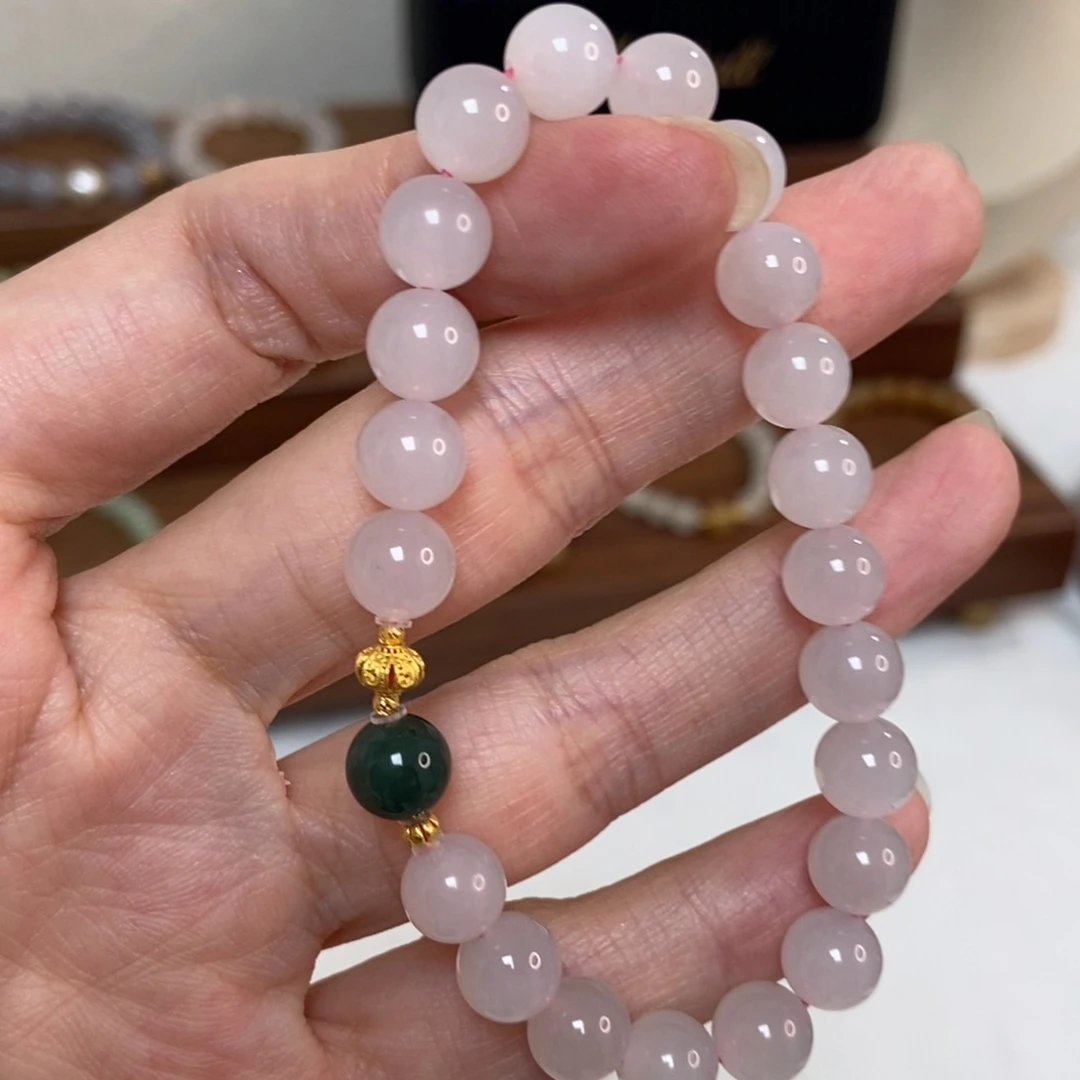 手链18K金镶嵌和田玉8mm紫粉