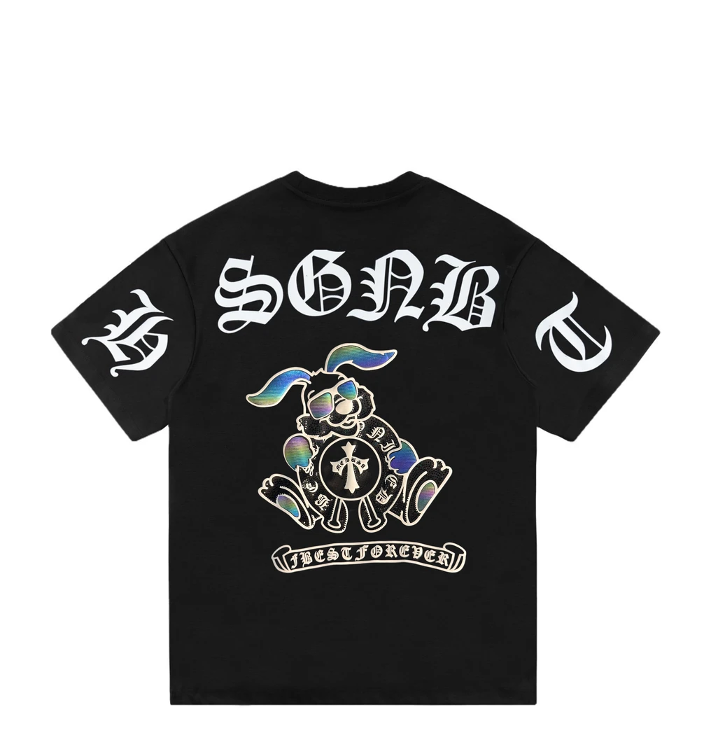 克罗心卡通兔子前后AB面夏季潮流时尚短袖T恤重工欧货男装