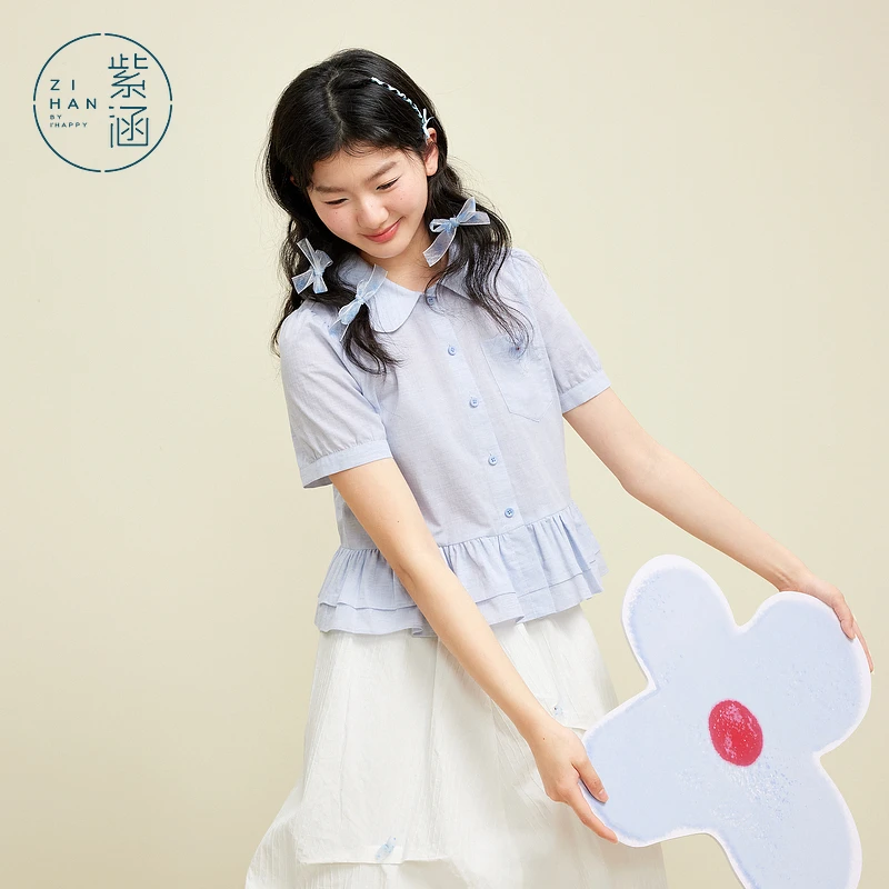紫涵娃娃领短袖白色衬衫女2025年春夏季新款甜美减龄拼接裙摆衬衣