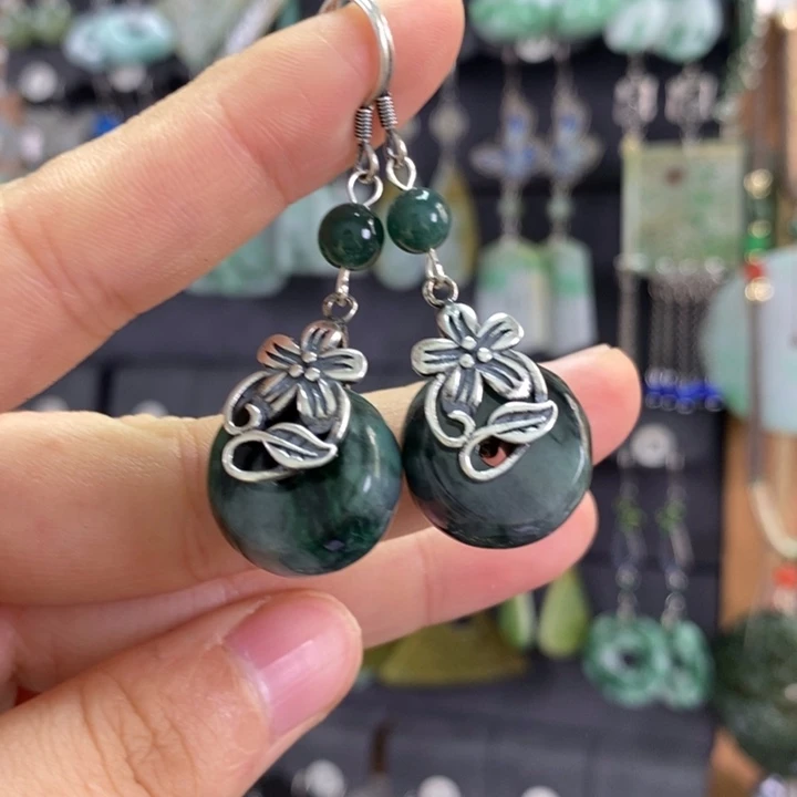 翡翠耳饰银S925镶嵌耳坠