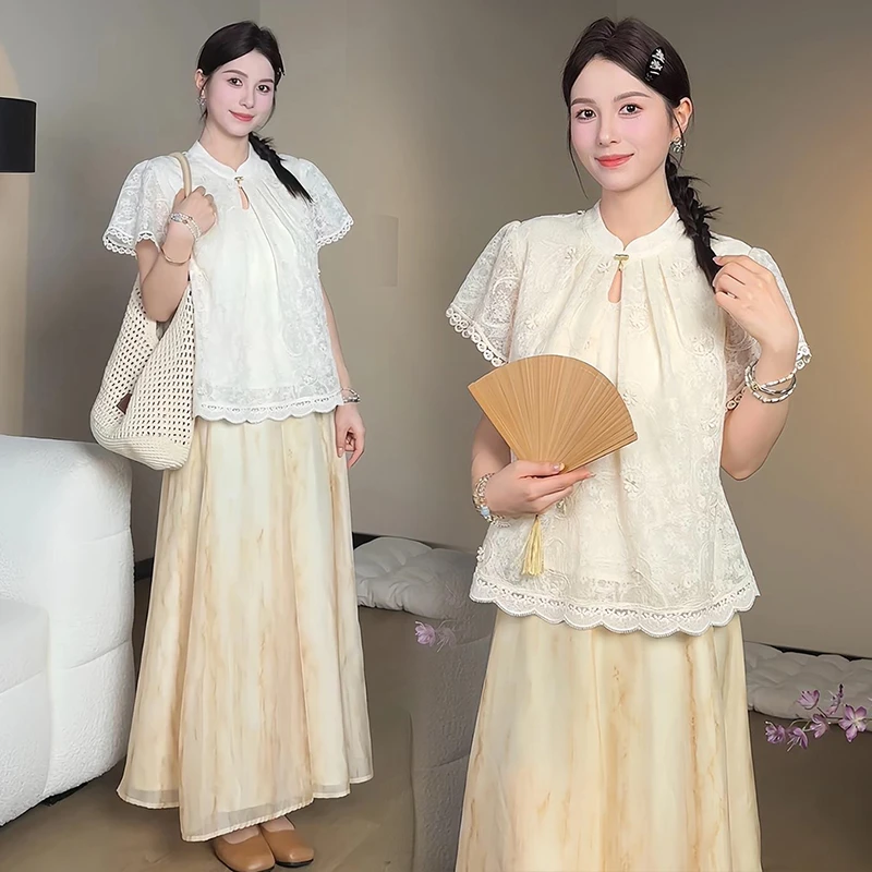 孕妇装夏季2025新款潮妈孕期穿搭高级感新中式气质上衣半身裙套装