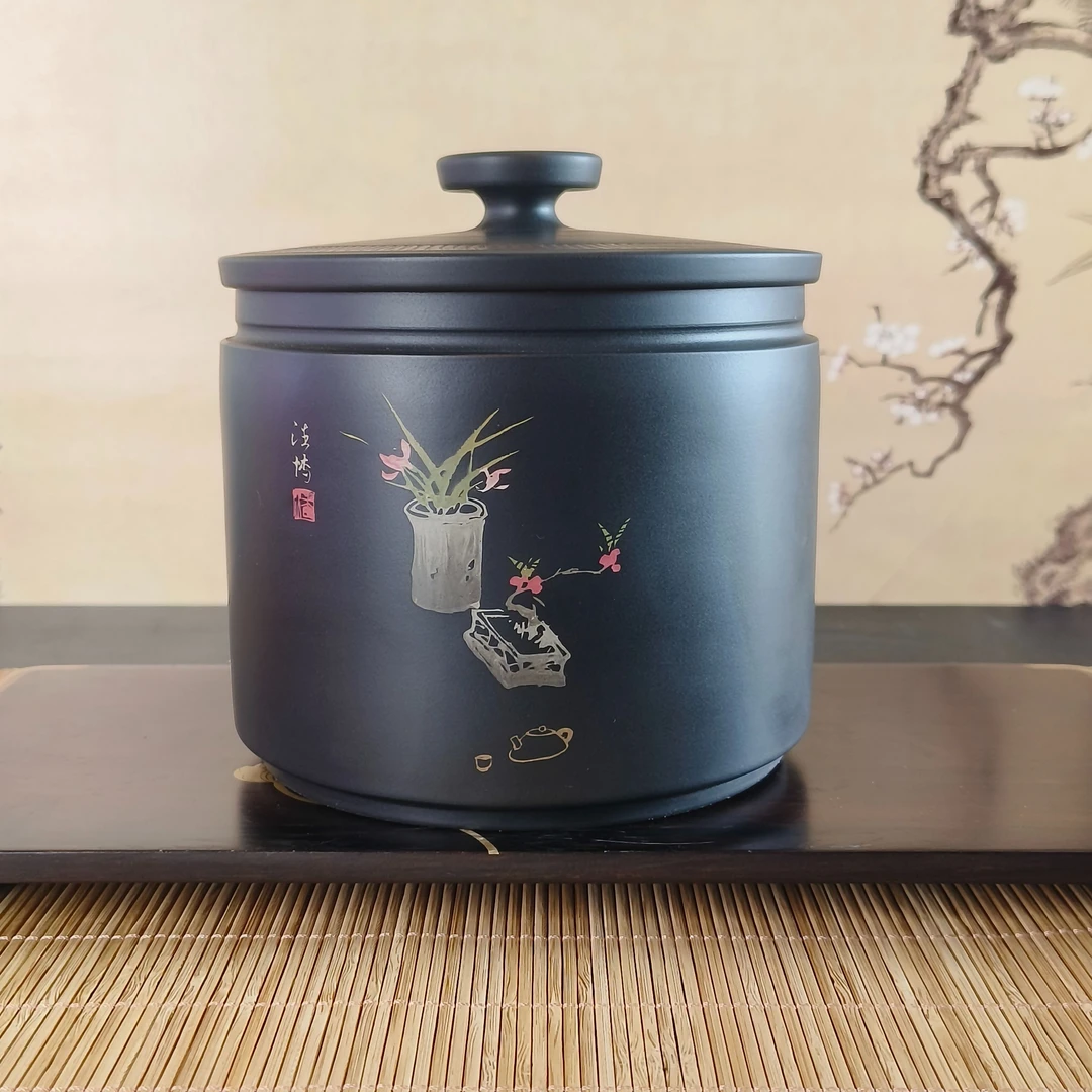 JSZT建水紫陶全手工精品彩填醒茶罐3