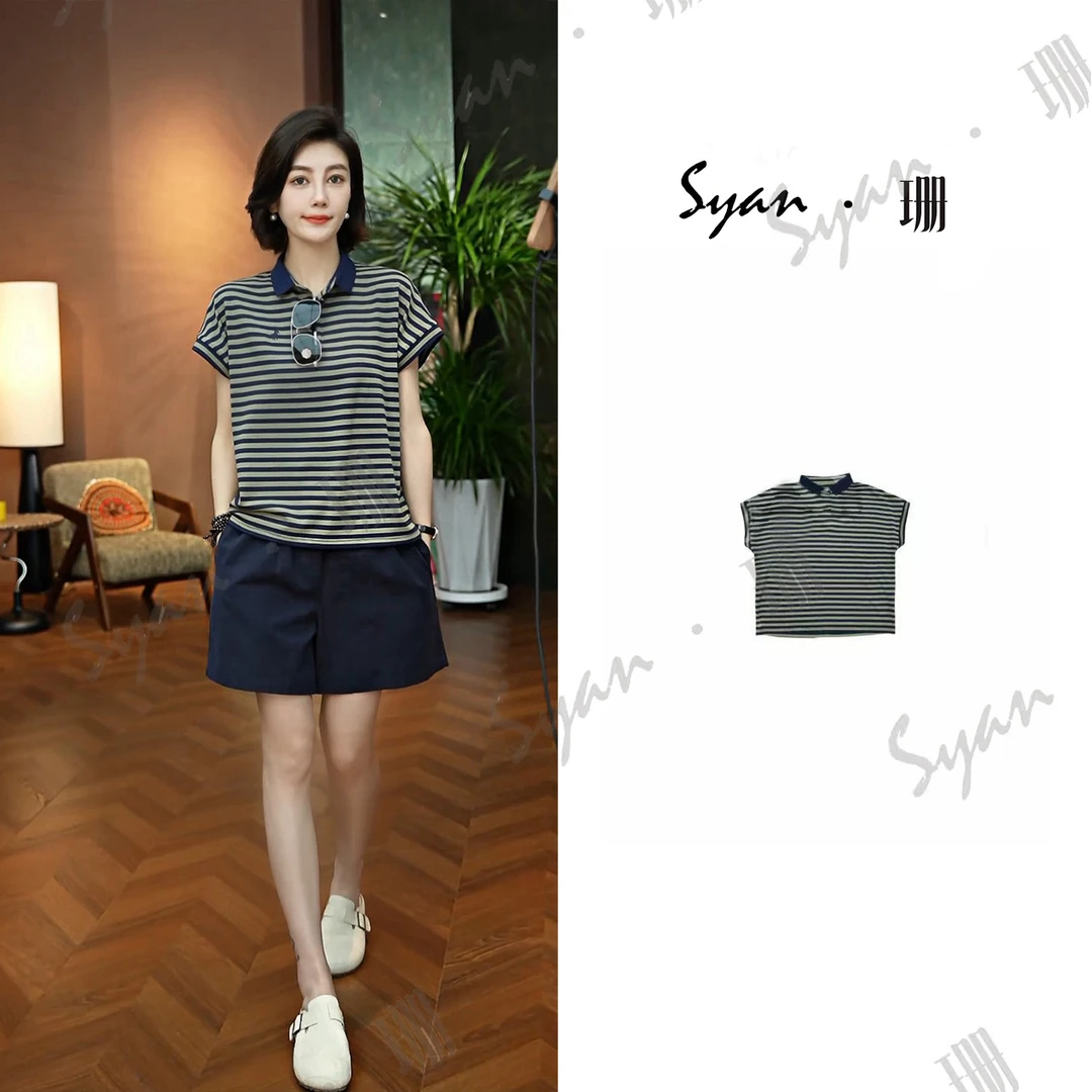 Syan【朦胧】洋气夏装潮流复古宽松显瘦条纹圆领T恤