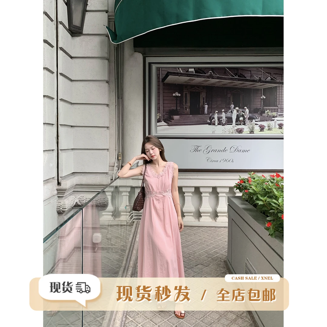 陳文文xenl【花漾粉黛】夏季新款温柔风花边收腰绑带显瘦连衣裙6149