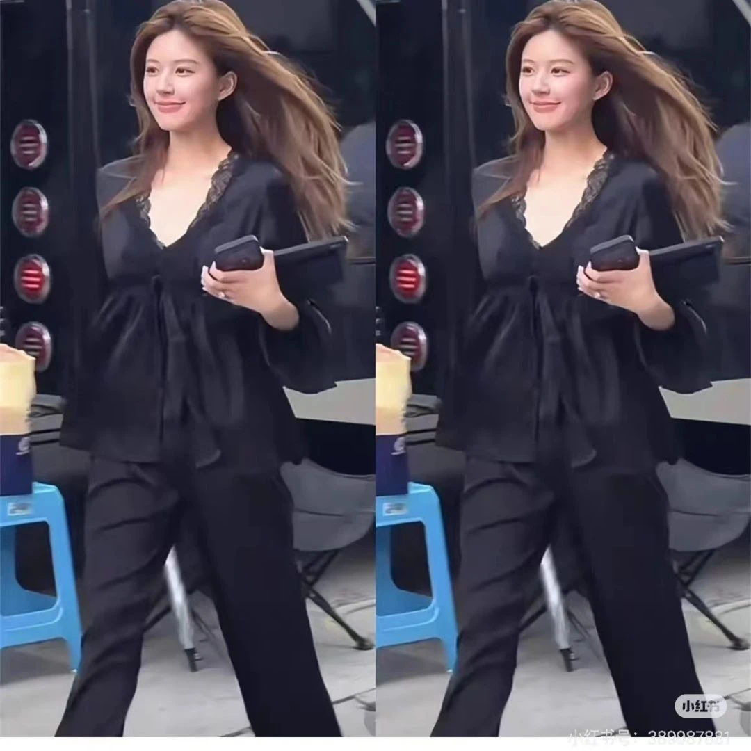露思同款性感睡衣女2025新款春秋季冰丝带胸垫吊带三件套家居服