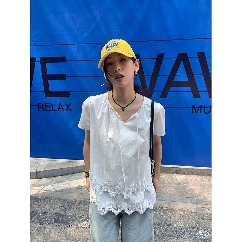 系带圆领泡泡短袖蕾丝拼接宽松上衣女2025夏款清新甜美H1CH520308