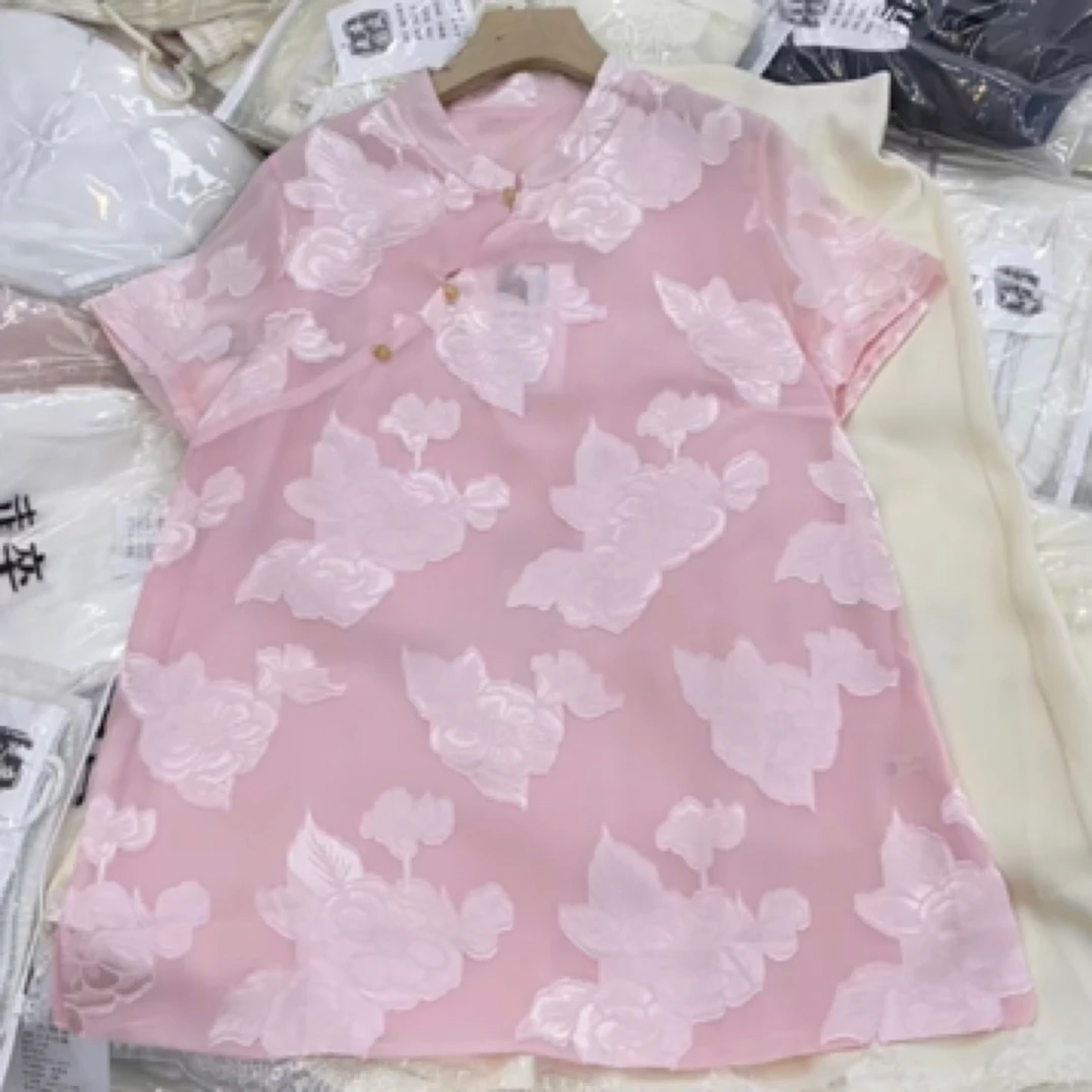 独特别致假两件网纱拼接短袖小衫女夏季款轻薄透气提花设计感衬衫