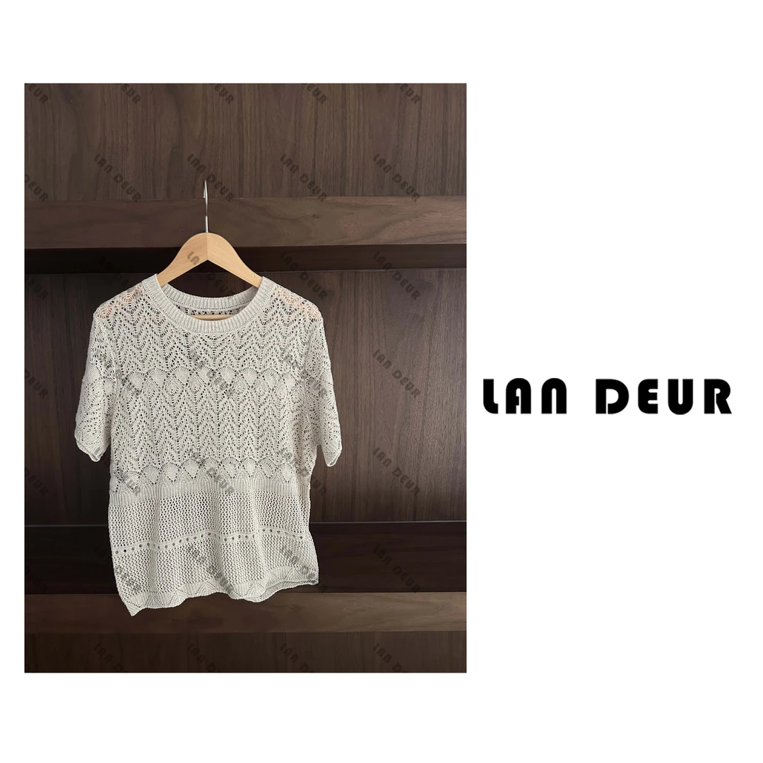 【萌态乐言】天丝亚麻透气镂空套头罩衫短袖针织圆领短款上衣女