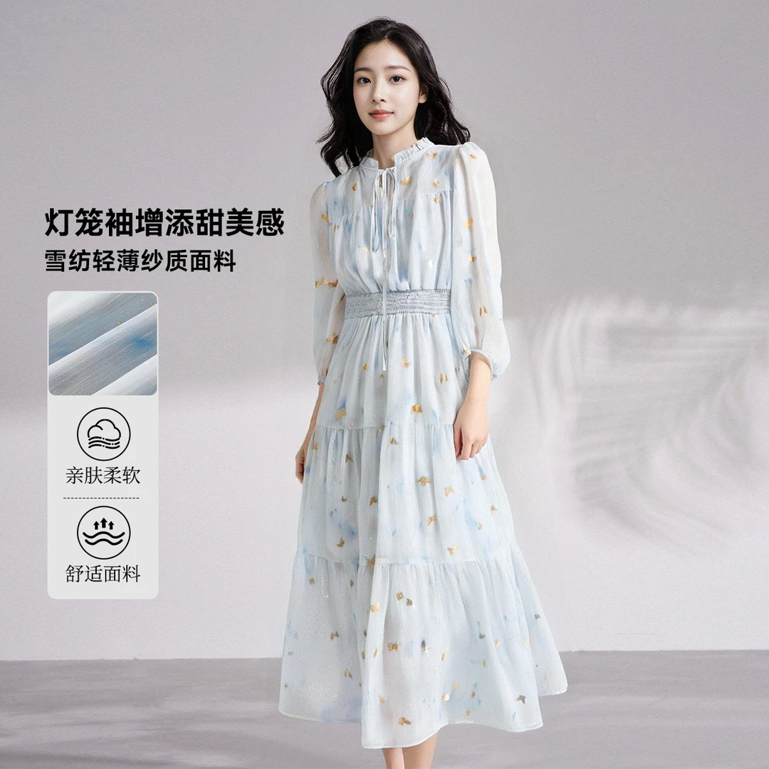 马克华菲轻薄纱质V领长袖显瘦碎花复古松紧腰连衣裙F52028A066