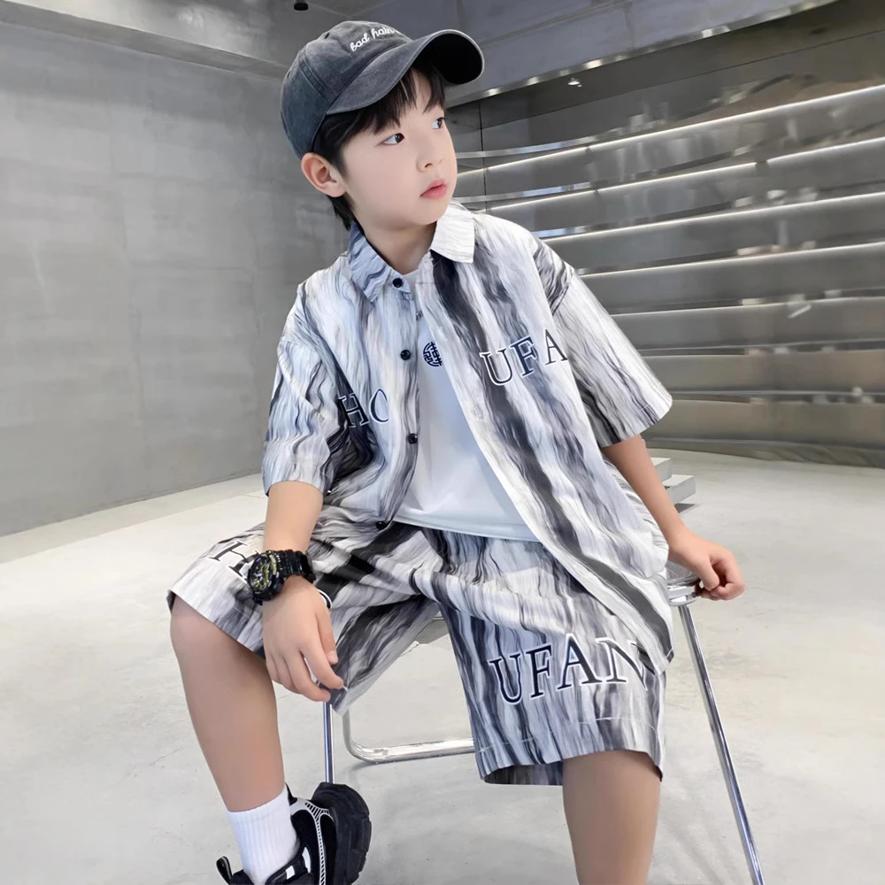 男童短袖衬衫套装2025新款夏季中大童扎染泼墨衬衣小男孩半袖夏装