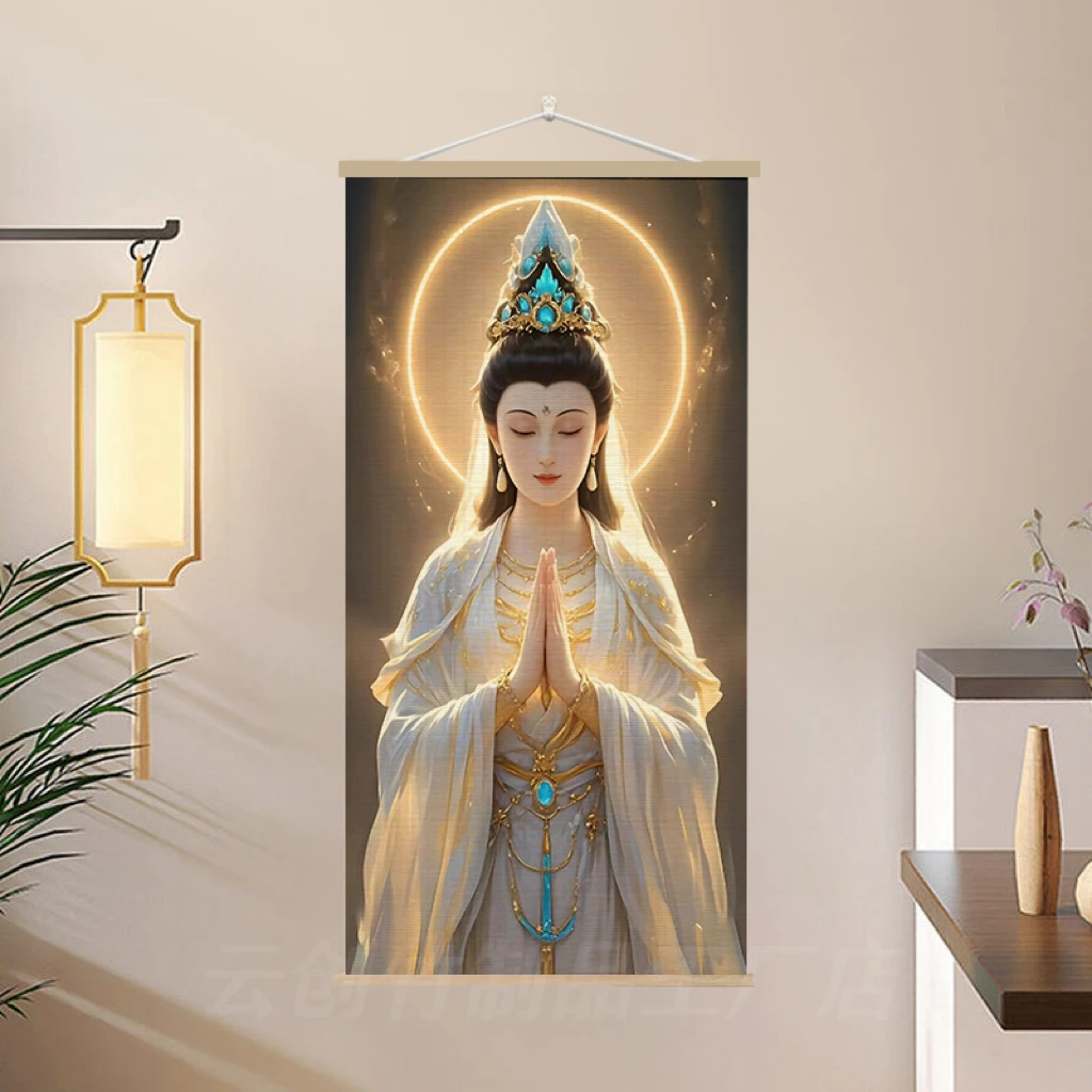 中式竹编观音挂画家居玄关装饰佛韵禅意风水画客厅墙面茶室背景画