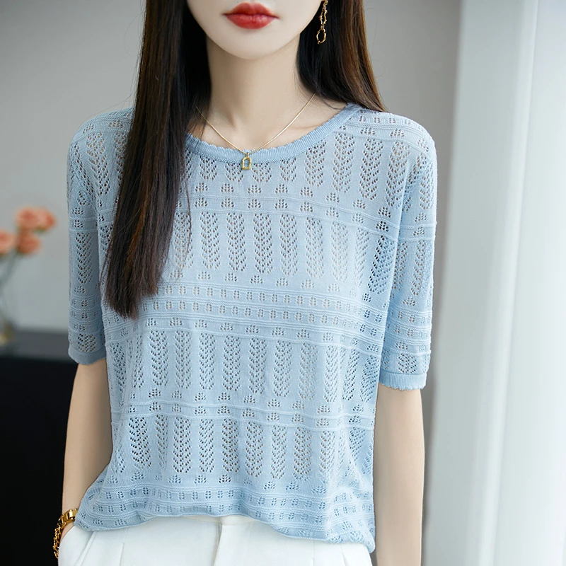正品哥弟新款2025夏季针织衫冰丝凉感短袖时尚百搭宽松镂空洋气款