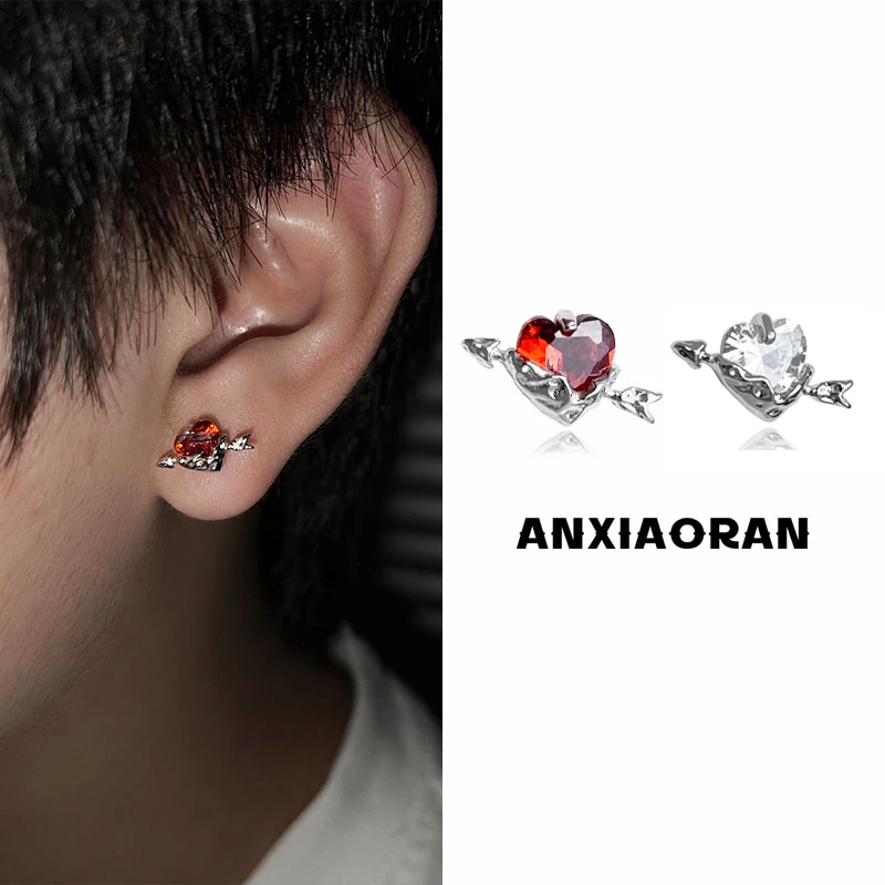 铜合金锆石耳饰 丘比特爱心之箭红色小耳钉小众设计高级感创意男