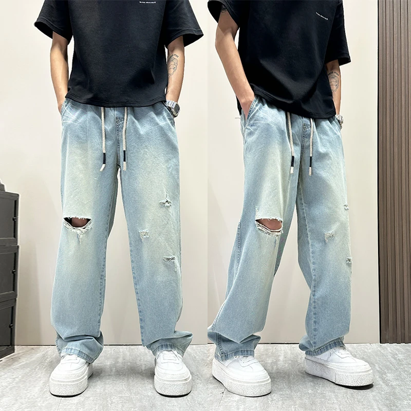 美式高街破洞牛仔裤男夏薄款松紧腰潮流直筒长裤痞帅潮牌乞丐裤子