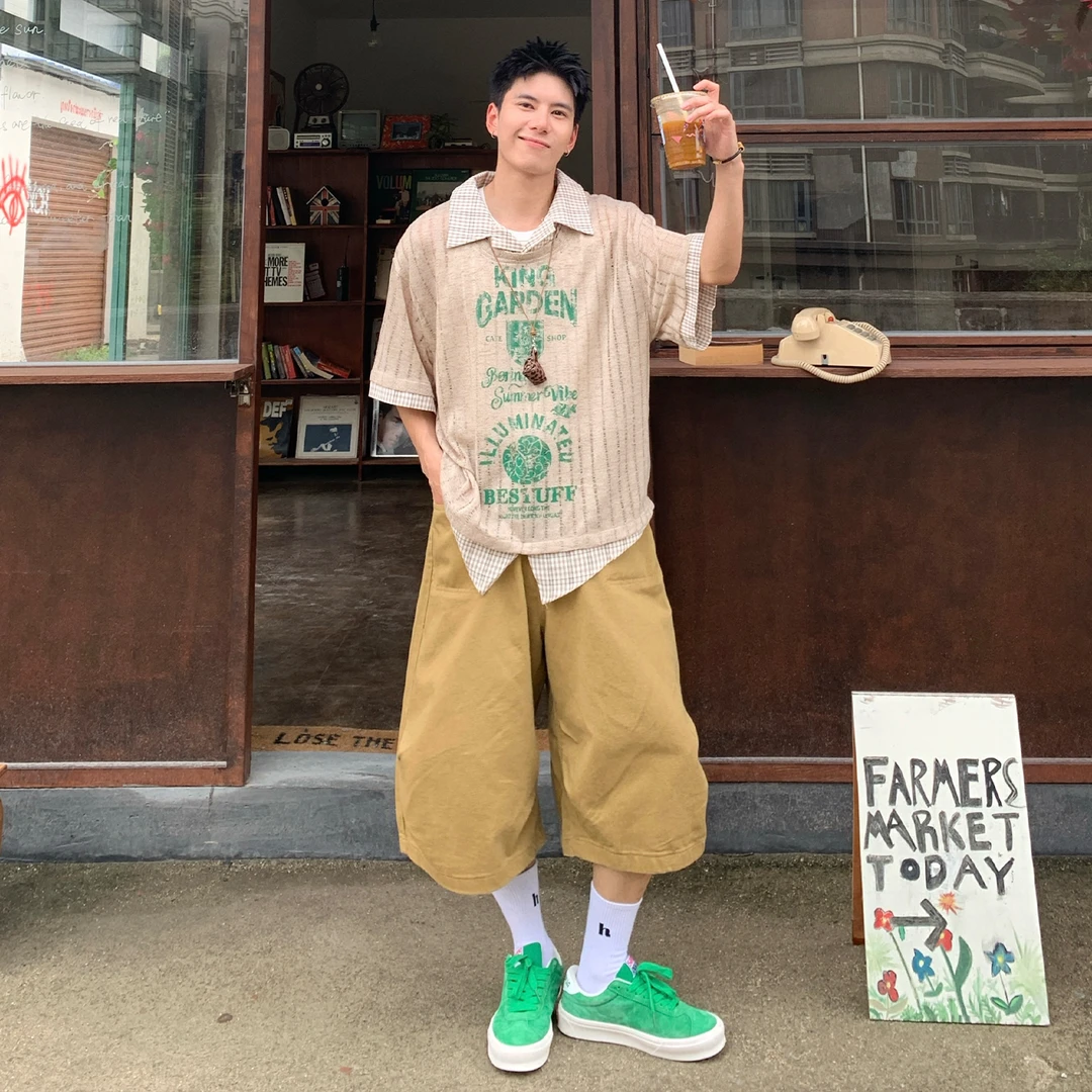 Holocene美式潮牌罩衫假两件短袖T恤夏季宽松衬衫气质衬衣男T70