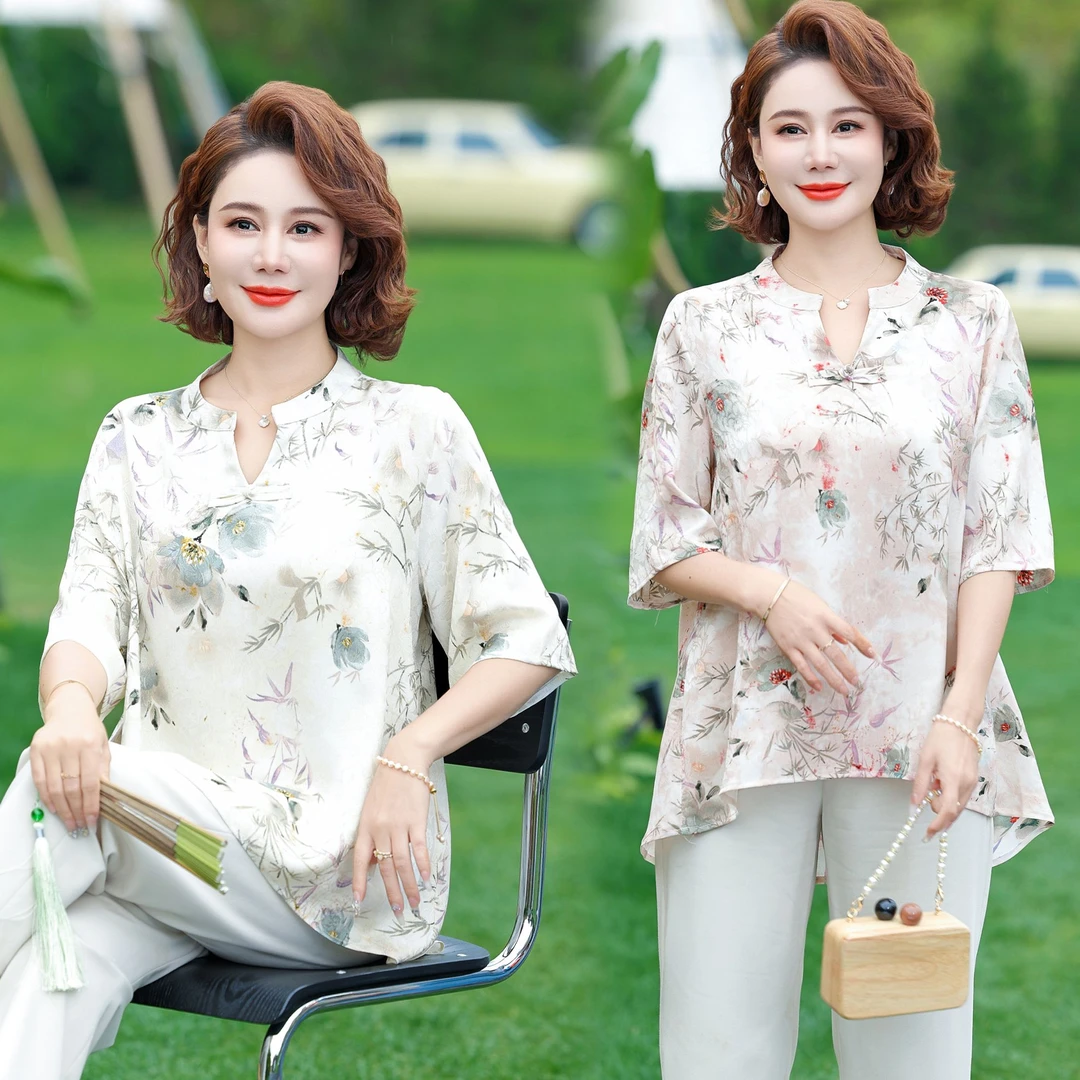 母亲节衣服中年妈妈夏装短袖两件套2025新款洋气中老年女夏季套装
