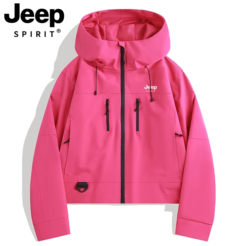 JEEPSPIRIT玫红色短款冲锋衣男女同款春秋户外防水运动新款外套潮