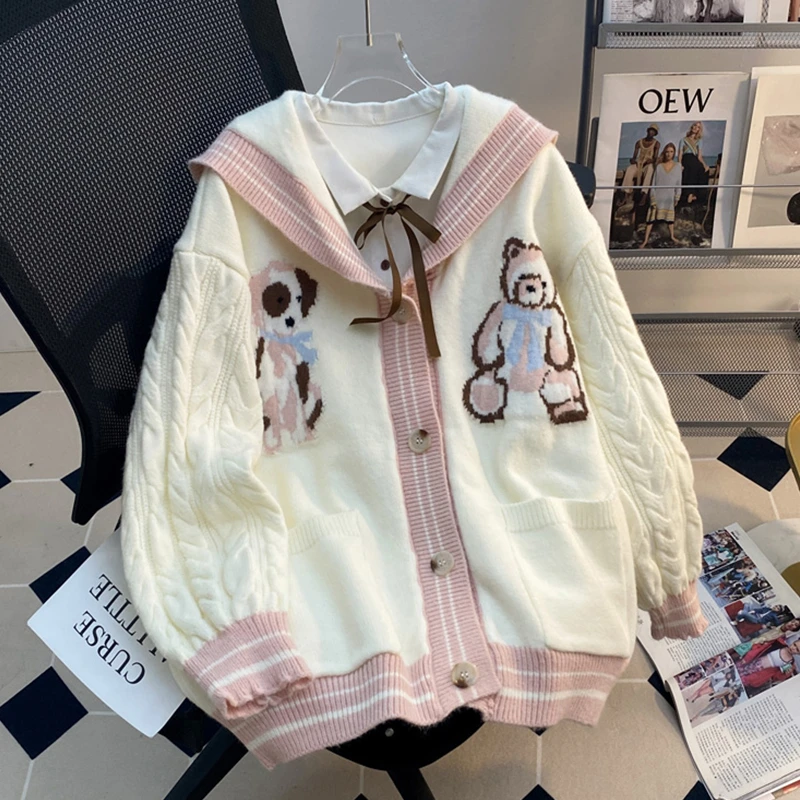 学院风海军领毛衣开衫外套女秋冬宽松外穿慵懒日系减龄针织衫上衣