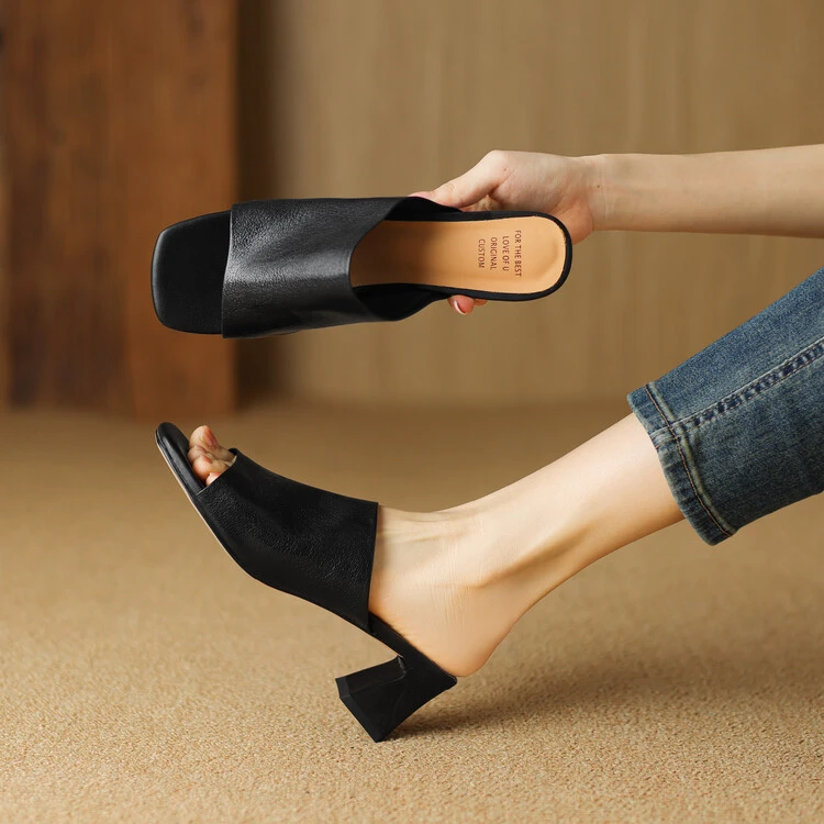 羊皮断码清仓拖鞋女粗跟2025夏季新款方头高跟鞋外穿软底真皮凉拖