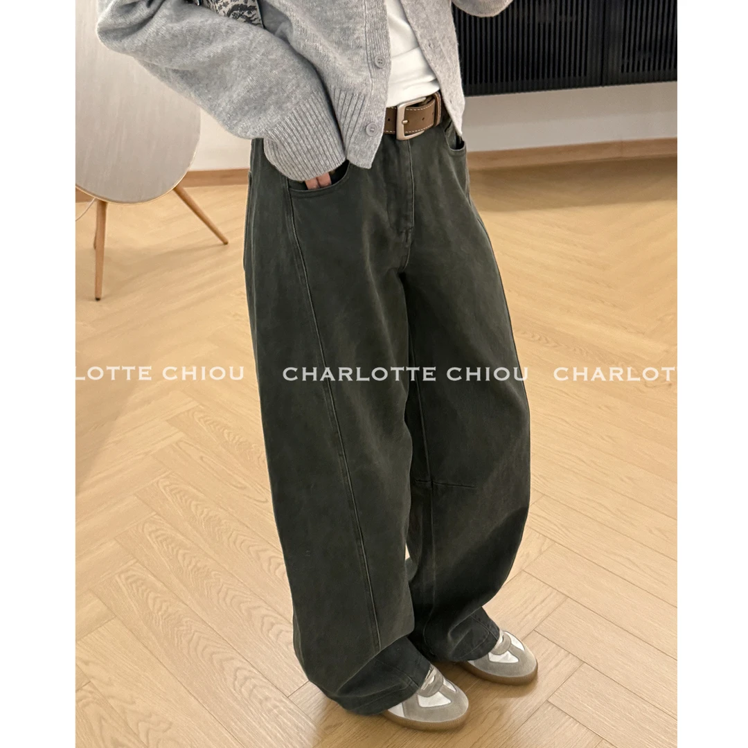 CHARLOTTE CHIOU多重感知 重工做旧风格水洗复古氛围感全棉阔腿裤