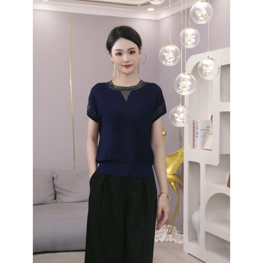 2025年夏季新款【7559】烫钻设计感蓝色短袖莱赛尔冰丝针织衫上衣女