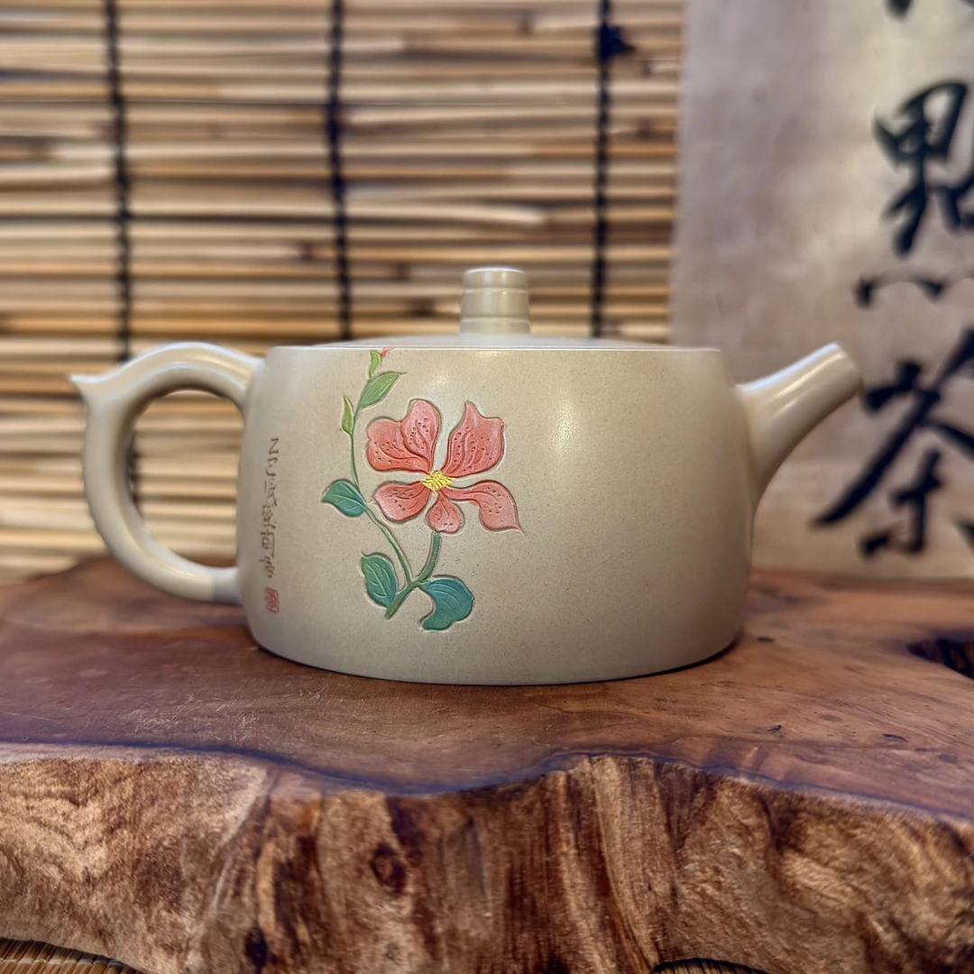 【陶点茶Yun】建水紫陶/赋槿陶语/阴刻阳填/花卉/嵌盖/150cc/球孔