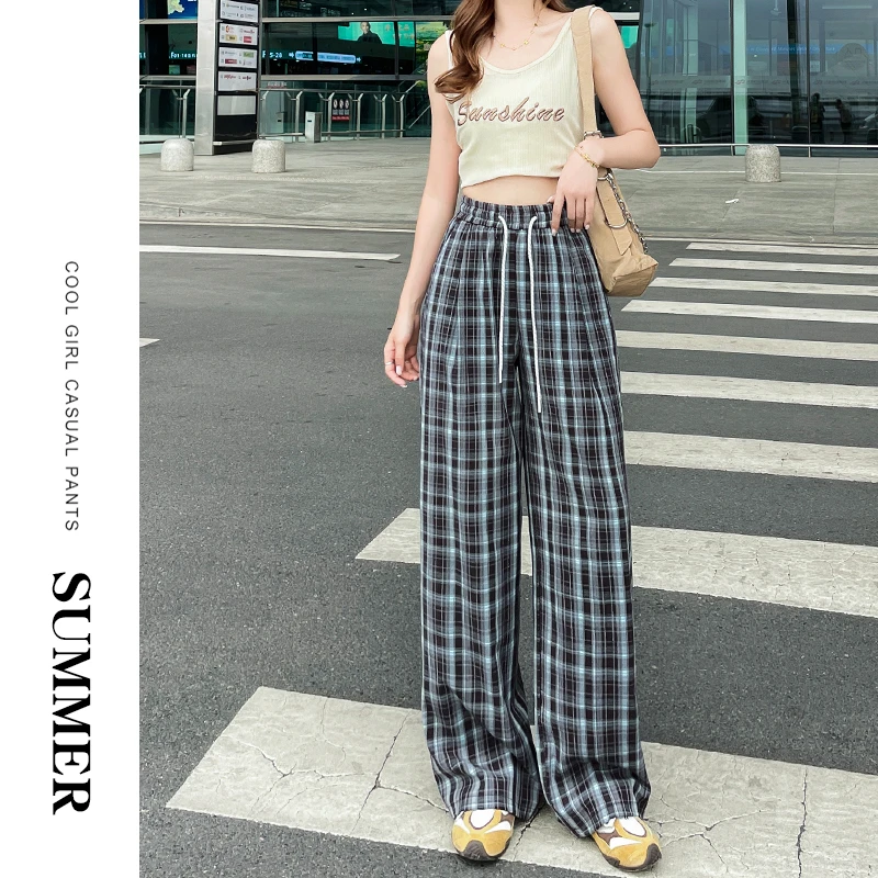 美式复古冰丝格子垂感阔腿裤女夏季薄款2025新款宽松休闲直筒裤子