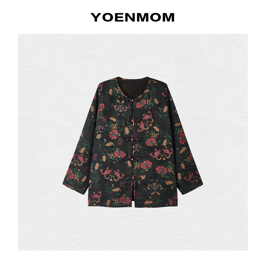 YOENMOM·鱼戏莲花·100桑蚕丝桑波缎香云纱国风提花大漆扣对襟外套