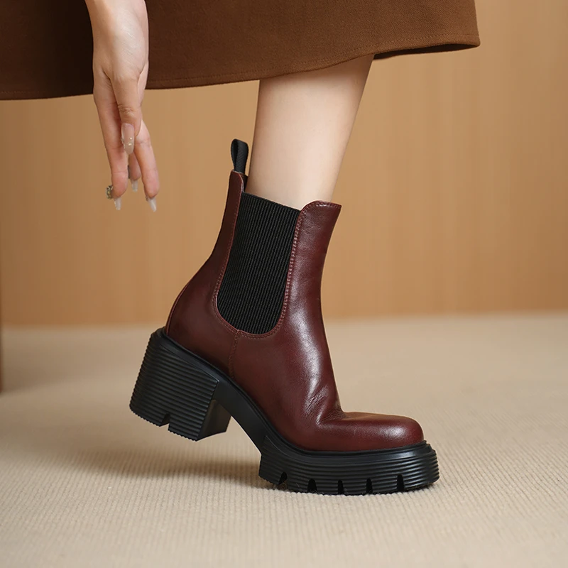 牛皮7厘米防水台厚底舒适切尔西靴套筒真皮复古百搭显瘦秋冬女靴
