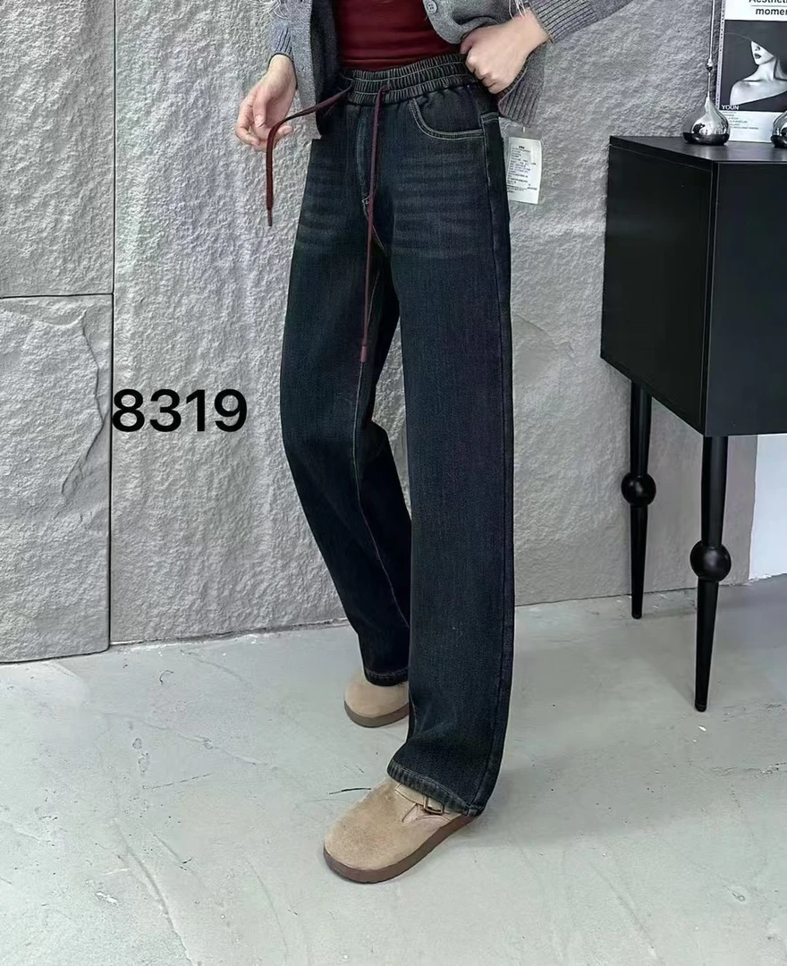 新款一体绒直筒牛仔裤8319