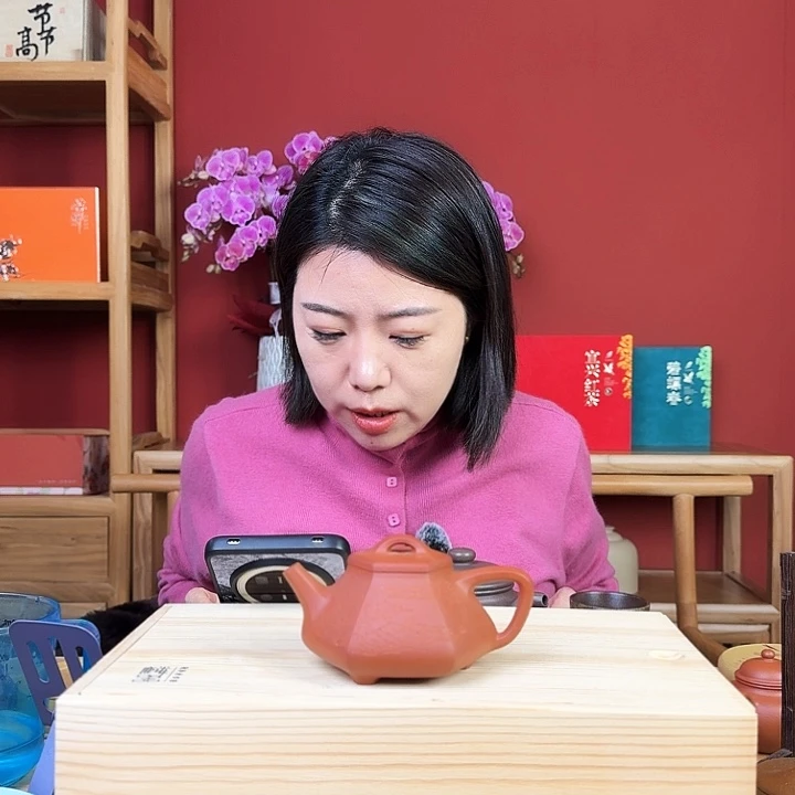 紫砂壶六方石瓢小红泥全手工刻绘
