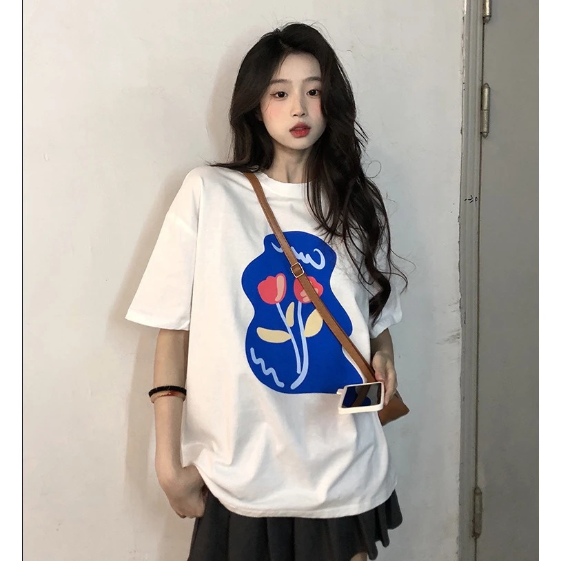 新品外贸批发2022新款夏季韩版休闲宽松印花字母花短袖T恤女一件