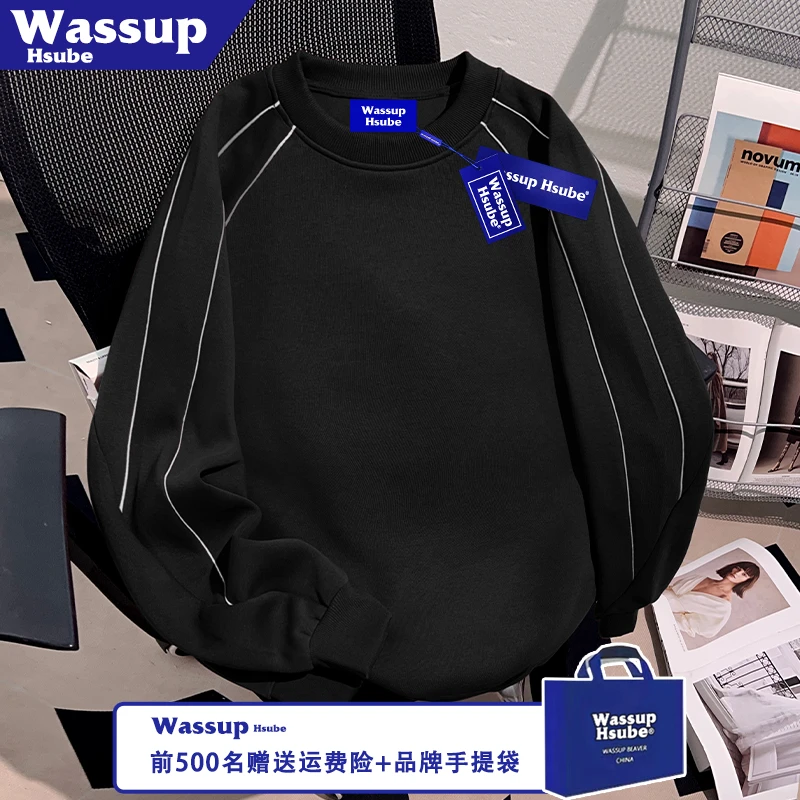 WASSUP HSUBE秋冬季创意设计圆领卫衣原宿风纯色男女新款黑色上衣