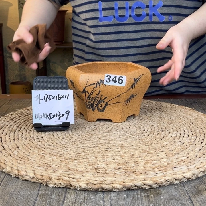 紫砂花盆  柴烧刻绘宫灯六方346