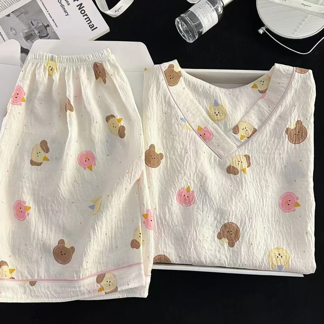 甜美睡衣夏季云朵棉短袖短裤少女V领睡衣夏天女可外穿家居服套装