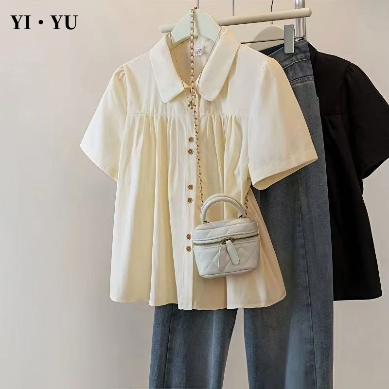 YIYU娃娃领短袖衬衫女夏季新款宽松学院风流行小衫单排扣女上衣