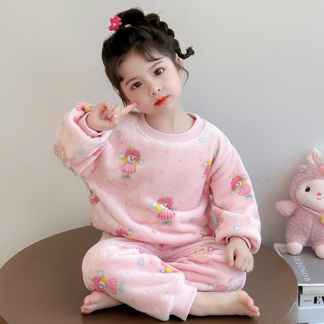 儿童秋冬法兰绒睡衣宝宝冬装保暖套装小女孩幼儿法兰绒家居服加厚