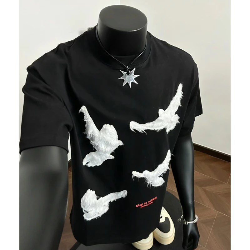 大码300斤夏季cleanfit和平鸽刺绣短袖T恤男oversize重磅宽松上衣