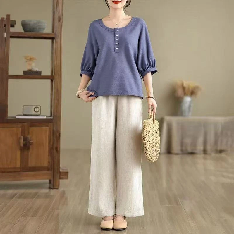 【清货+运费险】文艺复古纯色棉麻套装半袖宽松百搭民族风圆领V1001
