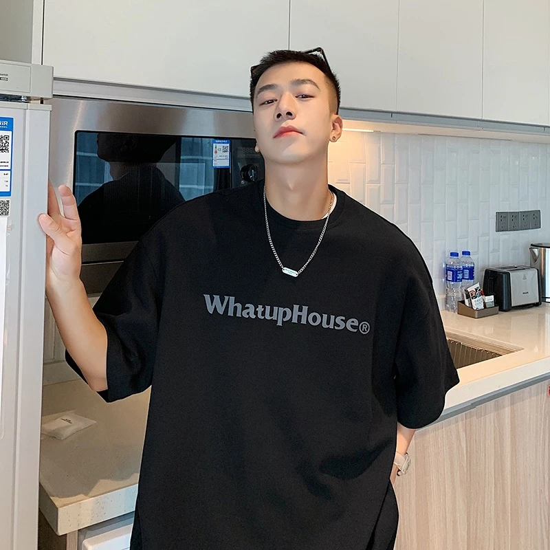 男士短袖上衣夏季美式T恤印花潮流落肩袖t恤