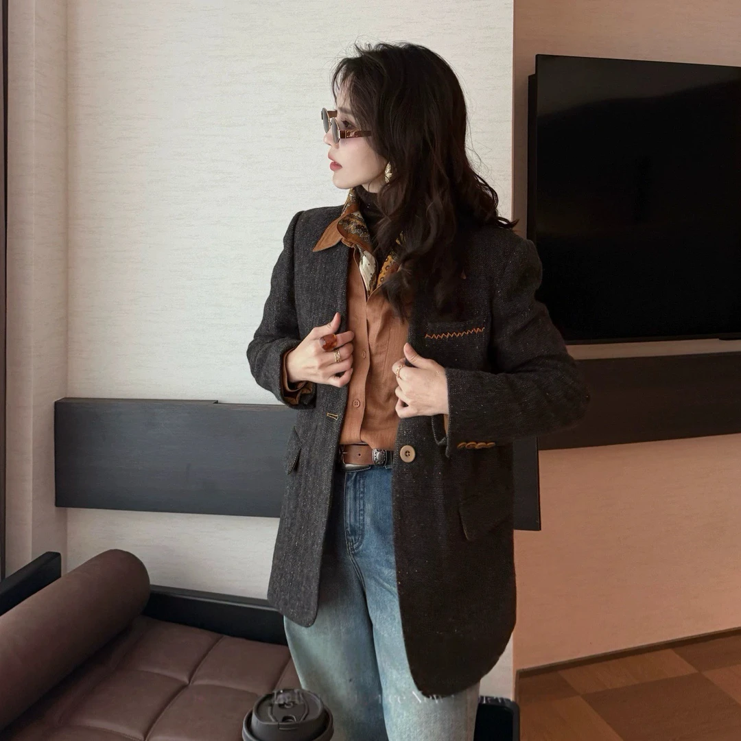 酷飒复古秋冬西装外套通勤职场简约西装外套女法式套装小个子女士