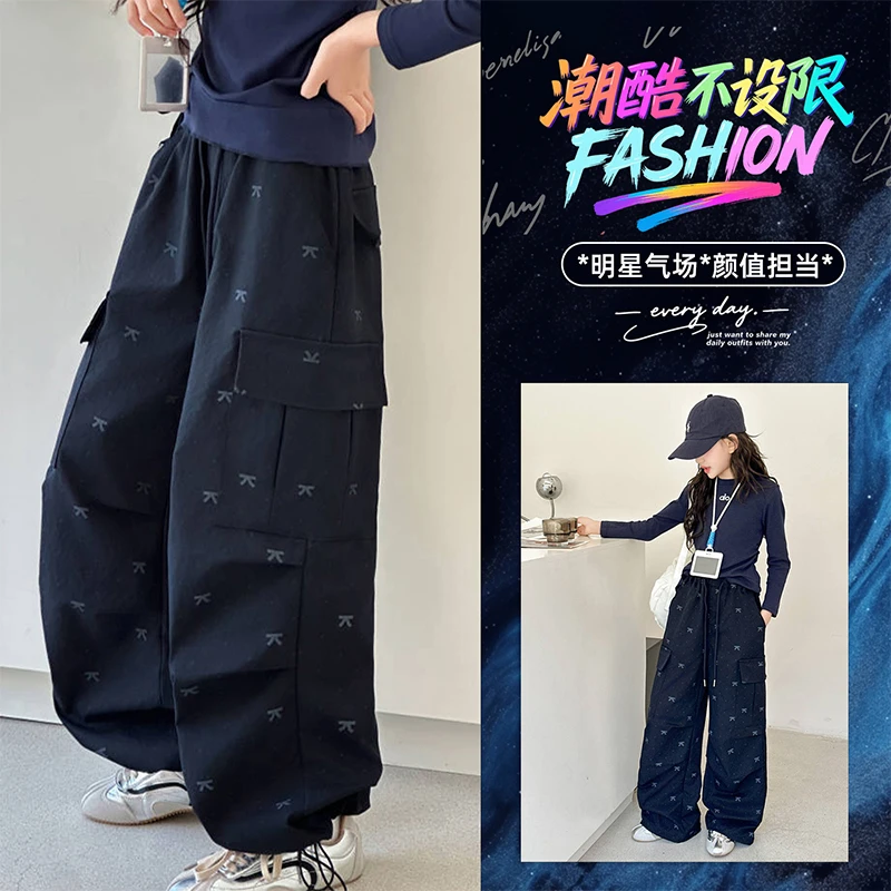 女童工装裤秋装裤子2025潮搭韩版蝴蝶结阔腿裤女孩春秋两穿休闲裤