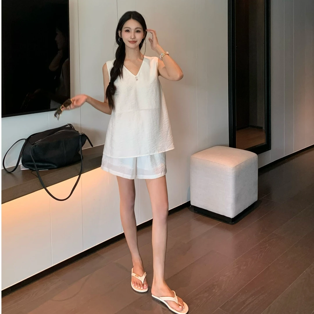 夏季新款老钱风背心套装时尚法式气质正反两穿无袖上衣显瘦休闲裤