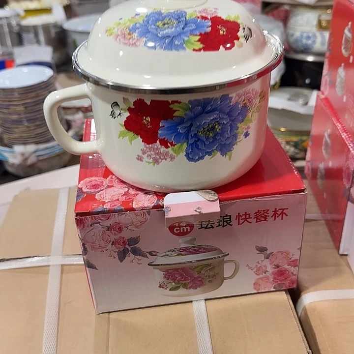 搪瓷处理16公分特厚艳丽牡丹珐琅搪瓷快餐杯，釉面不均匀