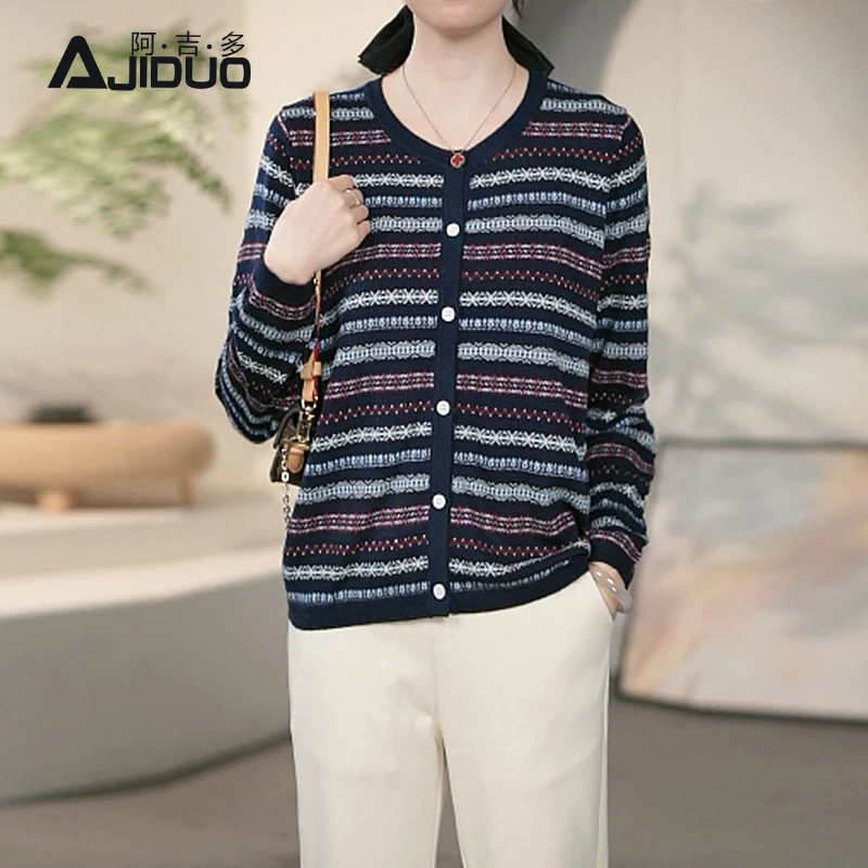 A66119阿吉多长袖针织开衫女秋季2025新款复古小外套大码高级上衣