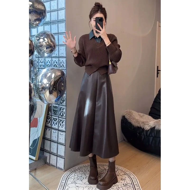 2025秋季新款美拉德穿搭牛仔拼接假两件针织毛衣搭配半身裙两件套